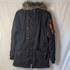 Superdry Microfibre Parka SD3 Coat In Black Size Large Faux Fur Trim Hood