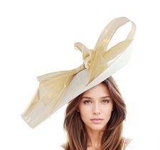 White Ivory Metallic Gold Kentucky Derby Fascinator Hat Wide Brim Saucer Hat...