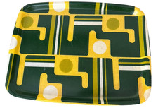 Vintage Serving Tray Fiberglass Geometric Pattern Green Yellow 70s Kitsch Retro
