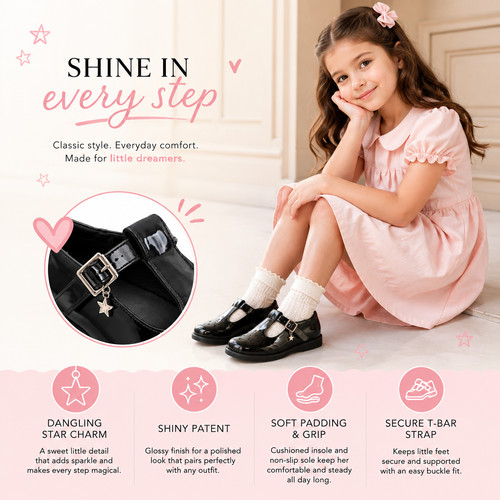 Girls black patent bar shoes - black,