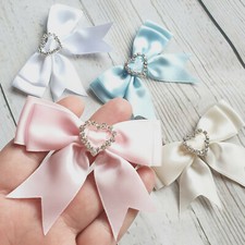 1 Satin Ribbon Bow Heart Diamante Buckle Wedding Blush Pink Blue White Ivory Red