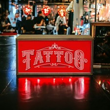 Tattoo Parlour Red LED Light Box Wood Room Sign
