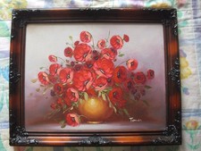 Original Oil Painting Still Life Red Poppy Flowers Signed Toma 38x48 cm