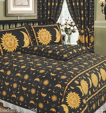 SUN AND MOON BLACK SPECKLE STARS BORDER FACE YELLOW GOLD BEDDING OR CURTAINS