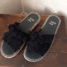 John Lewis And/Or Black Espadrille Mules Sandals w Fringe & Pom Poms EU 38 UK 5