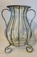Silver Metal Clear Vase Side Handles Feet Large - Vintage