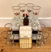 Art Deco MCM kitch glasses h/m 1927 silver cocktail sticks olive fork barell set