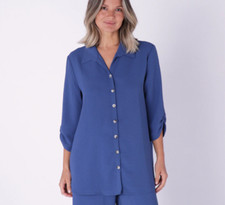Kim & Co Crinkle Poplin 3/4 Ruched Sleeve Shirt Blue New With Tags Size Small