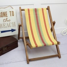 Small Wooden Folding Deck Chair in Stripe Fabric. Vintage Childs Outdoor Seat.