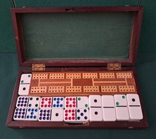 Double Nine Coloured Domino Set & Cribbage Board In Mahogany Box
