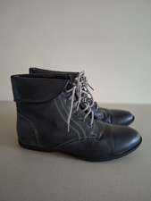 Kangol Black Lace Up Leather Flat Ankle Boots Turn Down Cuff Top UK4 EU37