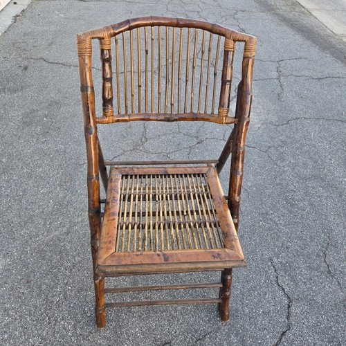 Vtg folding chair brown bamboo - folding,