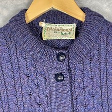 Traditional Irish Wool Cable Knit Cardigan Womens Purple Button Front Pockets