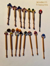 15 WOOD LACEMAKING BOBBINS WITH GLASS VINTAGE BEAD SPANGLES - GREAT CONDITION