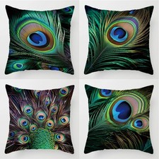 4Pcs Elegant Peacock Feather Zippered Throw Pillow Case Velvet Cushion Cover 18"