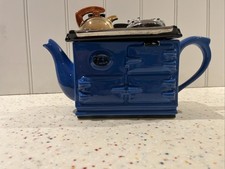 VINTAGE SWINESIDE CERAMICS BLUE AGA COOKER TEAPOT * CAT ON THE AGA COOKER TEAPOT