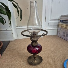 Antique Oil Lamp F T Sale Oxford Street red glass and brass 36cm inc chimney 