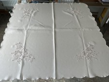VINTAGE DARK CREAM POLYESTER 33” sq TABLECLOTH SILKY Rose Gold Embroidered 