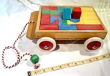 Wooden pull along cart with wooden bricks VGC little used