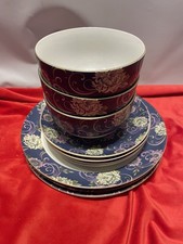 Joe Browns Homeware Set Of 3 Dinner Plates, Side Plates, Bowls Blue With Flowers