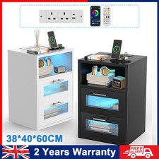 LED Bedside Table With Charging Station Side Cabinet Nightstand with 2 Drawers