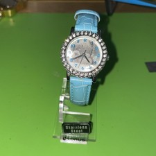 Zeon Child’s Teddy Bear Watch Mint New Battery Installed Gemmed Bezel Blue Strap