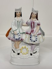 Reproduction English Pottery Staffordshire Figurines Two Girls Holding Garlands