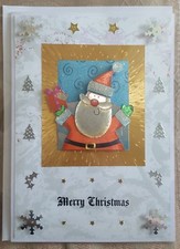 HANDCRAFTED CARD MERRY CHRISTMAS HAPPY SANTA CLAUS FATHER SNOWFLAKES PRESENT