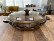 Vintage Anchor Ovenware Brown Deep Dish Pie Plate Glass with Lid Like Pyrex 9”