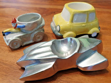 3 Vintage Novelty Transport Egg Cups ?Deco Metal Car + Lustre + 'New' Mini TR3