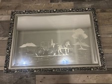 Large Horse And Carriage Mirror Etched Ornate Frame Silver