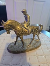 Rare Vintage Large Brass Solid Cast Jockey with Horse Figure Statue Very Heavy