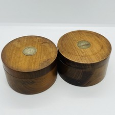 Pair Hand Turned Vintage Wooden Trinket Box With Sixpence Coin Inlaid in Lid