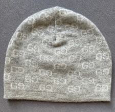 Gucci Women's 100% Cashmere Winter Knit Light Grey/White Hat /Beanie