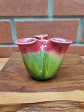 Vintage Small Art Pottery Triple Bud Vase Pink And Green Approx 3 Inches High 