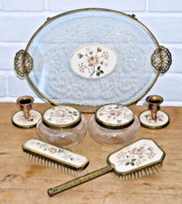 VINTAGE PETIT POINT EMBROIDERY DRESSING TABLE VANITY SET JARS CANDLESTICKS TRAY