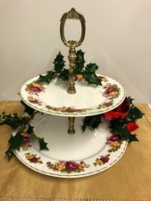 Vintage Bone China Country Garden Rose 2 tier Cake Stand High Tea Server Plates