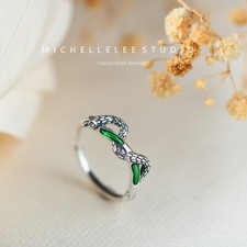 Green Enamelled Snake Adjustable Ring, Sterling Silver Serpent Ring