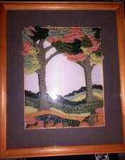 Framed Woolen Crochet/ Embroidery? Woodland Picture Signed by Artist on Back