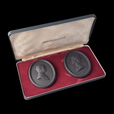 Wedgwood Jasperware Black Plaques Royal Silver Wedding Boxed Queen & Phillip