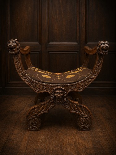 Antique carved oak curule - antique,