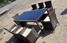NEW RATTAN GARDEN DINING SET TABLE +8 CHAIRS BROWN COMPLETE CUSHIONS ASSEMBLED!