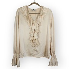 (S) Vintage SanFranciscoClothing SilkCharmeuse Ruffle Peasant Blouse ButterCream