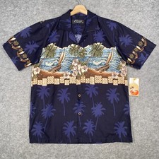 VTG Favant Hawaiian Shirt Mens Medium Navy Blue Canoe Cotton BNWT.
