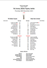 TSC Bačka Topola v West Ham United A-5 (30-11-23) Europa League Team Sheet