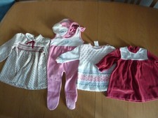 ASSORTMENT OF 3 GIRLS DRESSES AND 1 VELOUR DUNGAREE SET WITH HAT AGE 6 MONTHS