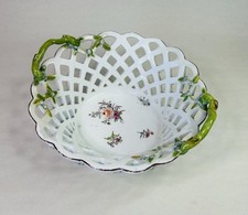 Antique 19th Century Dresden Reticulated Fret Work Floral Spray Decorative Bowl