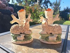 PAIR OF ANTIQUE STAFFORDSHIRE SHEEP SPILL VASES, EWE & RAM WITH LAMBS