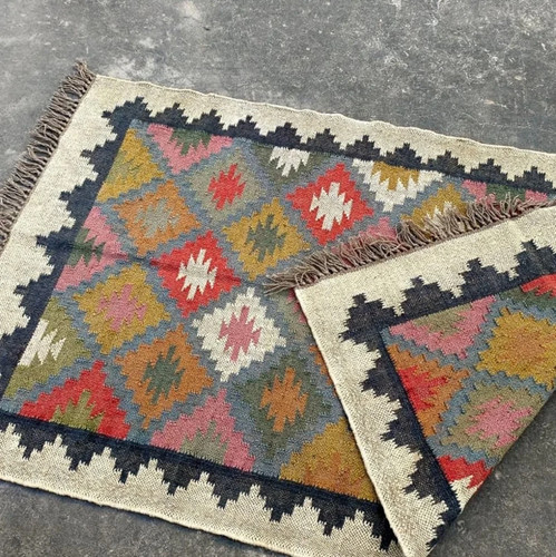 Ethnic wool kilim jute rug - wool,