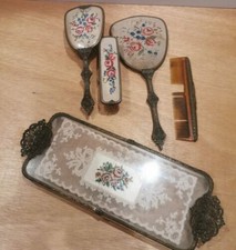 Vintage Petit Point & Lace Dressing Table Set Vanity Set